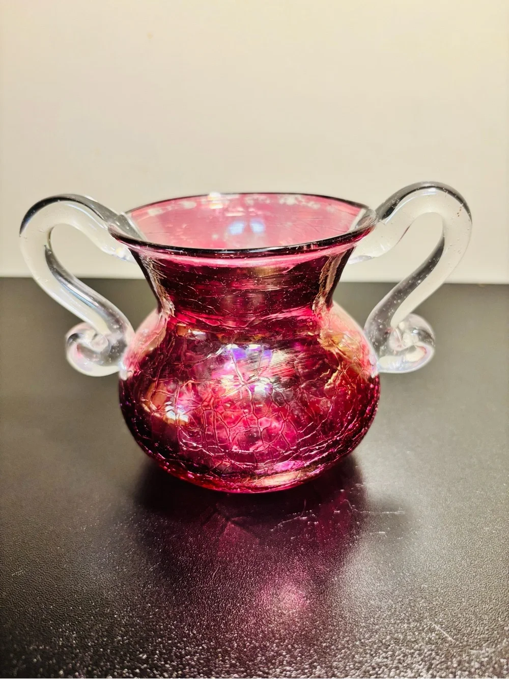 Handblown Cranberry Glass Creamer and Sugar Set with Clear Handles